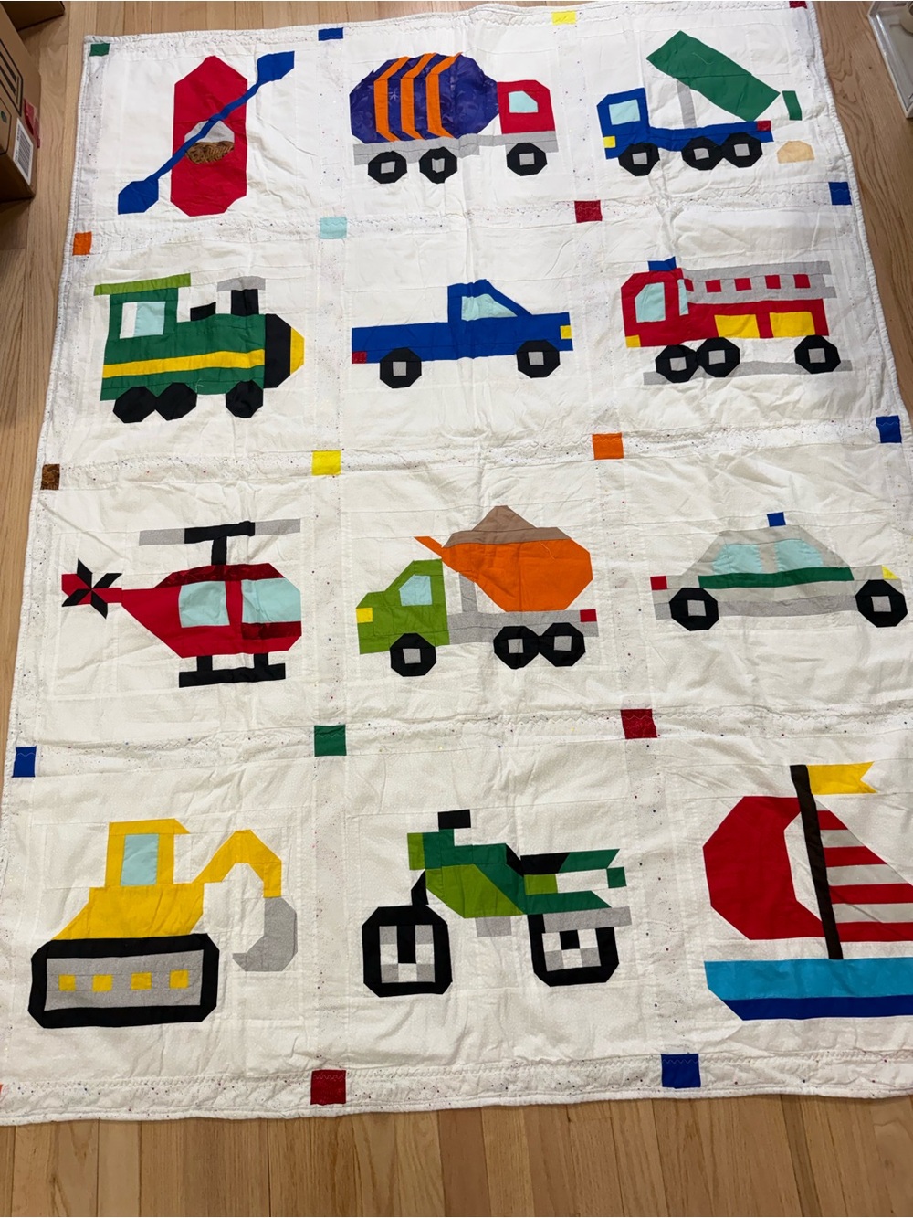 Kids Vehicle Patchwork Quilt - White with Red, Blue, Green, Yellow Accents